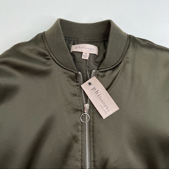 New Philosophy Rich Olive Green Satin 90s Zip-up Preppy College Bomber Jacket - Picture 3 of 16